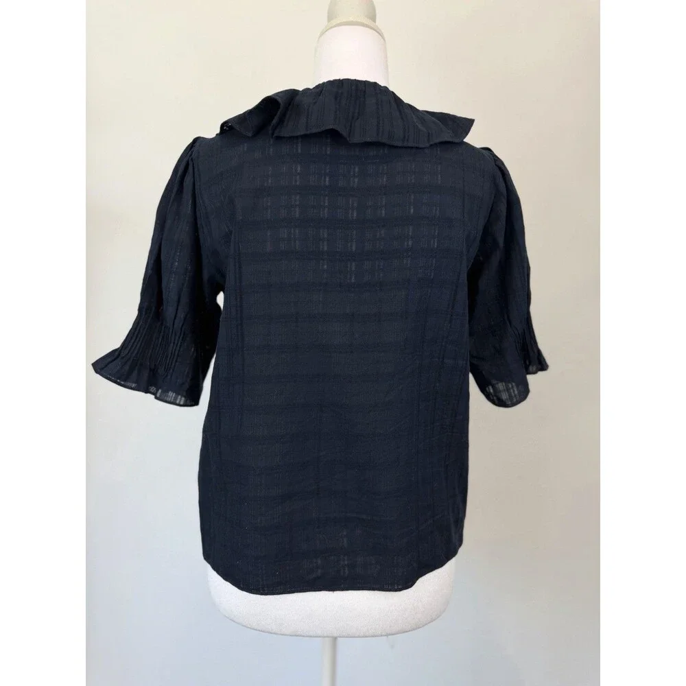 Madewell XXS Black Ruffle Blouse Cotton Plaid Textured Puff Sleeve Romantic Top